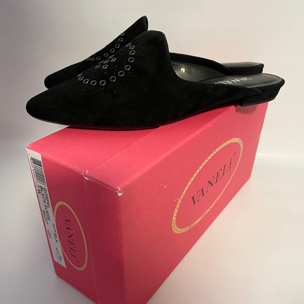 NEW in Box VANELi Women's Black Suede Gospel Mules Grommet Details Size 7
